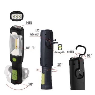 Lampa warsztatowa LED COB 3W+6 LED 380 lm, 2500mAh ładowalna