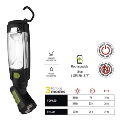 Lampa warsztatowa LED COB 3W+6 LED 380 lm, 2500mAh ładowalna