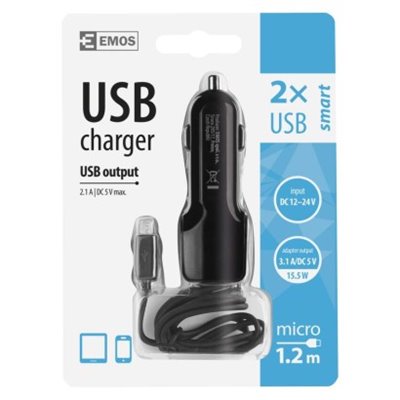 Zasilacz samochodowy USB SMART 3,1A (15,5W) max + kabel