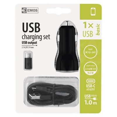 Zasilacz samochodowy USB BASIC 2,1A + kabel microUSB + USB-C