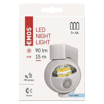 Lampka nocna 3W COB LED 3× AA, 90lm, czujnik PIR,  biała