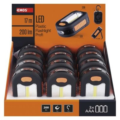 Latarka 3 LED COB, 200 lm 3× AAA, 12 szt., display box