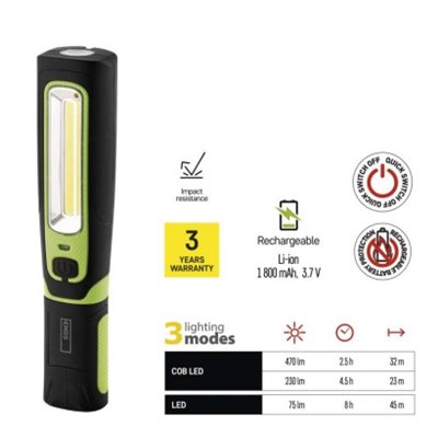 Lampa warsztatowa 3W COB + 1W LED 470 lm, 1800mAh, ładowalna