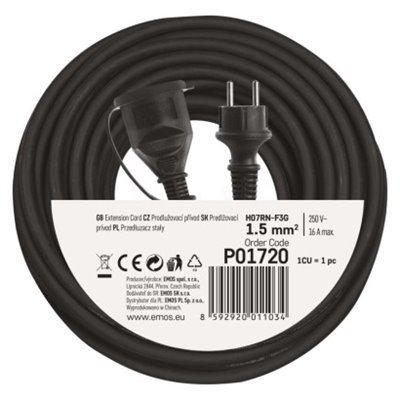 Przedłużacz ogrodowy 20 m / 1 gniazdo / czarny / guma-neopren / 230 V / 1,5 mm2