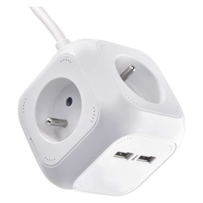 Przedłużacz - kostka 1,9 m / 4 gniazda / biały / PVC / z USB portem / 1 mm2