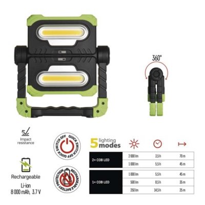 Naświetlacz LED 2x COB, 2000 lm powerbank 8000 mAh ładowalny