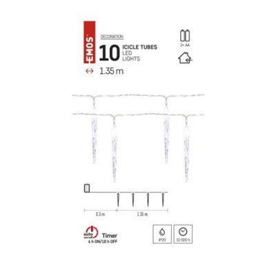 Dekoracje - 10 LED sople 10 cm 1,35 m 2x AA zimna biel, IP20, timer