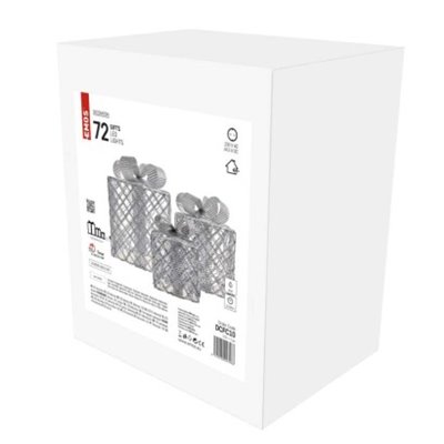 Dekoracje - 72 LED prezenty 15/20/25 cm srebrne, zimna biel, IP20, timer