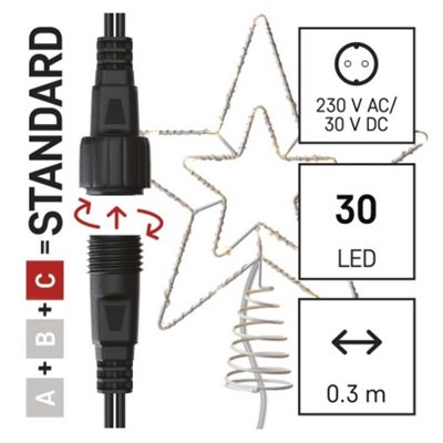 Oświetlenie łączone Standard - gwiazda na szpic 30 LED 28 cm, ciepła biel, IP44