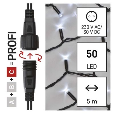 Oświetlenie łączone Profi - łańcuch 50 LED 5m zimna biel, czarny przewód, IP44