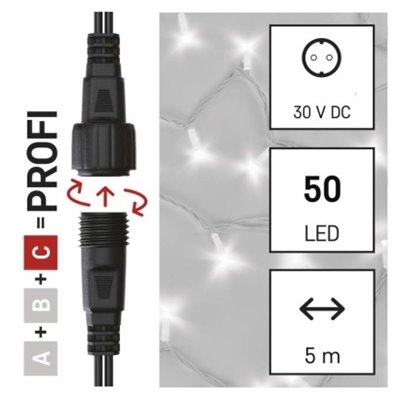 Oświetlenie łączone Profi - łańcuch 50 LED 5m zimna biel, biały przewód, IP44