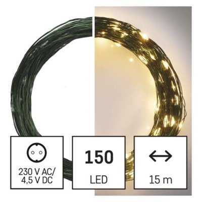 Dekoracje- 150LED nano łezki 15m ciepła biel, zielony przewód, IP44 timer