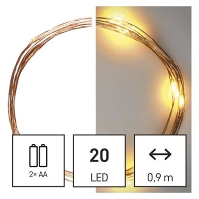 Dekoracje - 20 LED nano łezki 1,9m 2x AA ciepła biel, IP20, miedziany przewód, IP20 timer