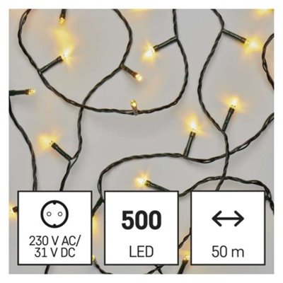 Lampki choinkowe Classic 500 LED 50m ciepła biel, zielony przewód, IP44, timer