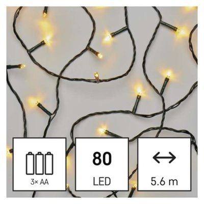 Lampki choinkowe Classic 80 LED 5,6m 3x AA, ciepła biel, czarny, IP44, timer