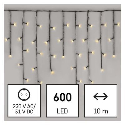 Oświetlenie świąteczne sople 600 LED 10m, ciepła biel, zielony przew., 8 programów, IP44