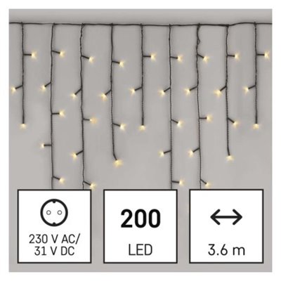 Oświetlenie świąteczne sople 200 LED 3,6m, ciepła biel, zielony przew., 8 programów, IP44