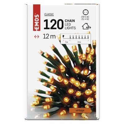 Lampki choinkowe Classic 120 LED 12m vintage, zielony przewód, IP44, timer