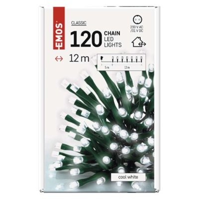 Lampki choinkowe Classic 120 LED 12m zimna biel, zielony przewód, IP44, timer