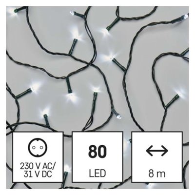 Lampki choinkowe Classic 80 LED 8m zimna biel, zielony przewód, IP44, timer