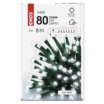 Lampki choinkowe Classic 80 LED 8m zimna biel, zielony przewód, IP44, timer