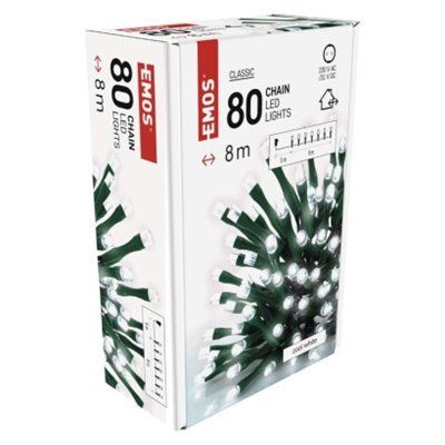 Lampki choinkowe Classic 80 LED 8m zimna biel, zielony przewód, IP44, timer