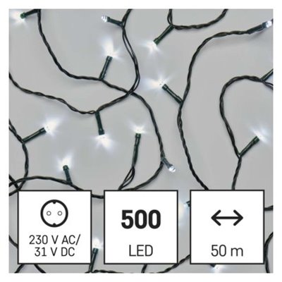 Lampki choinkowe Classic 500 LED 50m zimna biel, zielony przewód, IP44, timer