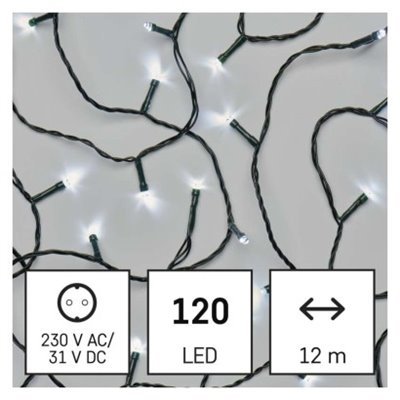 Lampki choinkowe 120 LED 12m zimna biel, zielony przewód, 8 programów, IP44