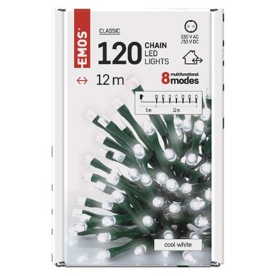 Lampki choinkowe 120 LED 12m zimna biel, zielony przewód, 8 programów, IP44