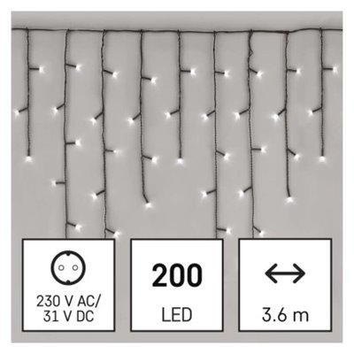 Oświetlenie świąteczne sople 200 LED 3,6m, zimna biel, zielony przew., 8 programów, IP44