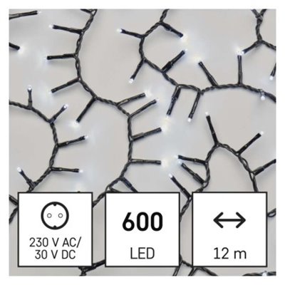 Lampki choinkowe LED Classic Cluster, jeżyk, 600LED 12m, zimna biel, czarny, IP44, timer