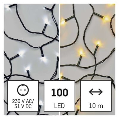 Lampki choinkowe 100LED 10m, 2 w 1 zimna biel lub ciepła biel, czarny, 8 programów, IP44