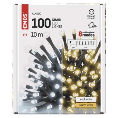 Lampki choinkowe 100LED 10m, 2 w 1 zimna biel lub ciepła biel, czarny, 8 programów, IP44