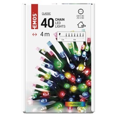 Lampki choinkowe Classic 40 LED 4m multikolor, zielony przewód, IP44, timer