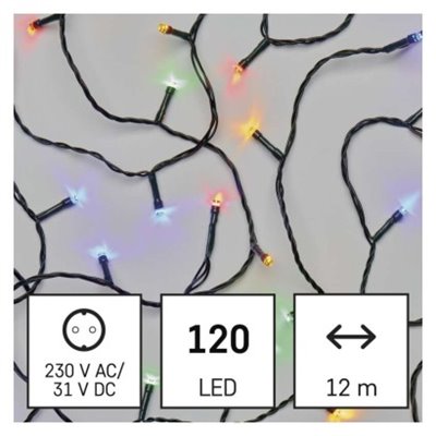 Lampki choinkowe 120LED 12m multikolor, zielony przewód, 8 programów, IP44