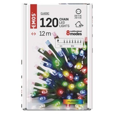 Lampki choinkowe 120LED 12m multikolor, zielony przewód, 8 programów, IP44