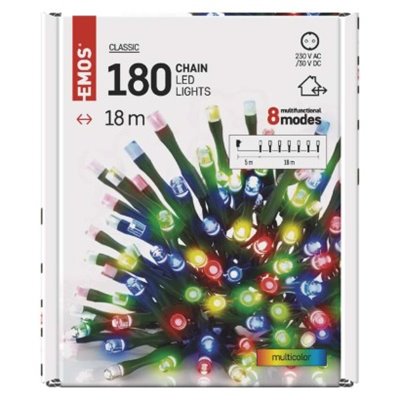 Lampki choinkowe 180LED 18m multikolor, zielony przewód, 8 programów, IP44