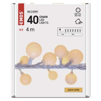 Dekoracje - 40 LED big cherry 4m IP44 ciepła biel, biały przewód, IP44, timer