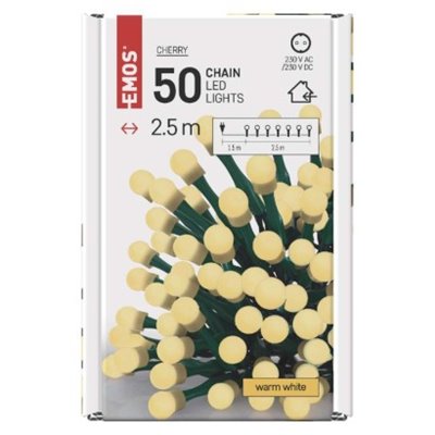 Lampki choinkowe 50 LED cherry 2,5m ciepła biel, zielony przewód, IP20