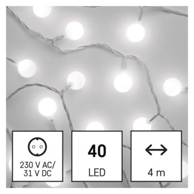 Dekoracje - 40 LED big cherry 4m IP44 zimna biel, biały przewód, IP44, timer