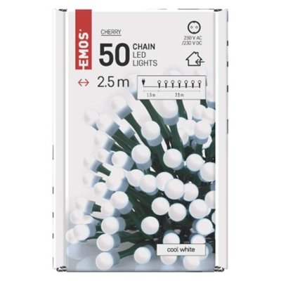 Lampki choinkowe 50 LED cherry 2,5m zimna biel, zielony przewód, IP20