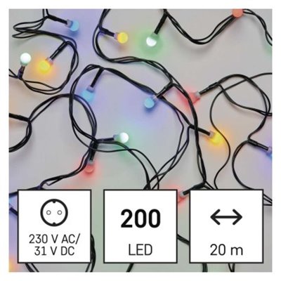 Lampki choinkowe 200 LED cherry 20m multikolor, zielony przewód, 8 programów, IP44