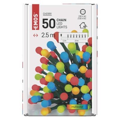 Lampki choinkowe 50 LED cherry 2,5m multikolor, zielony przewód, IP20