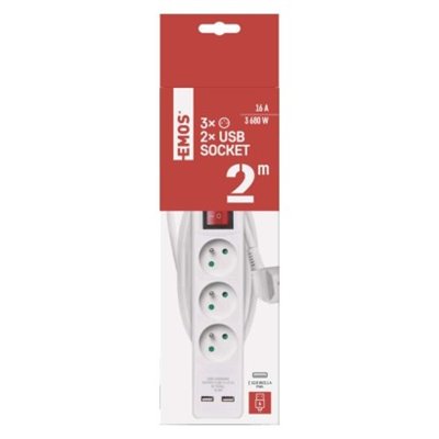 Przedłużacz 2 m / 3 gniazda / z wyłącznikiem / biały / PVC / z USB portem / 1,5 mm2