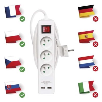 Przedłużacz 2 m / 3 gniazda / z wyłącznikiem / biały / PVC / z USB portem / 1,5 mm2