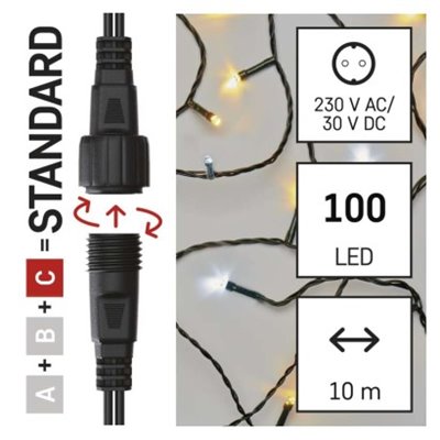 Oświetlenie łączone Standard - łańcuch 100 LED 10m ciepła + zimna biel, IP44