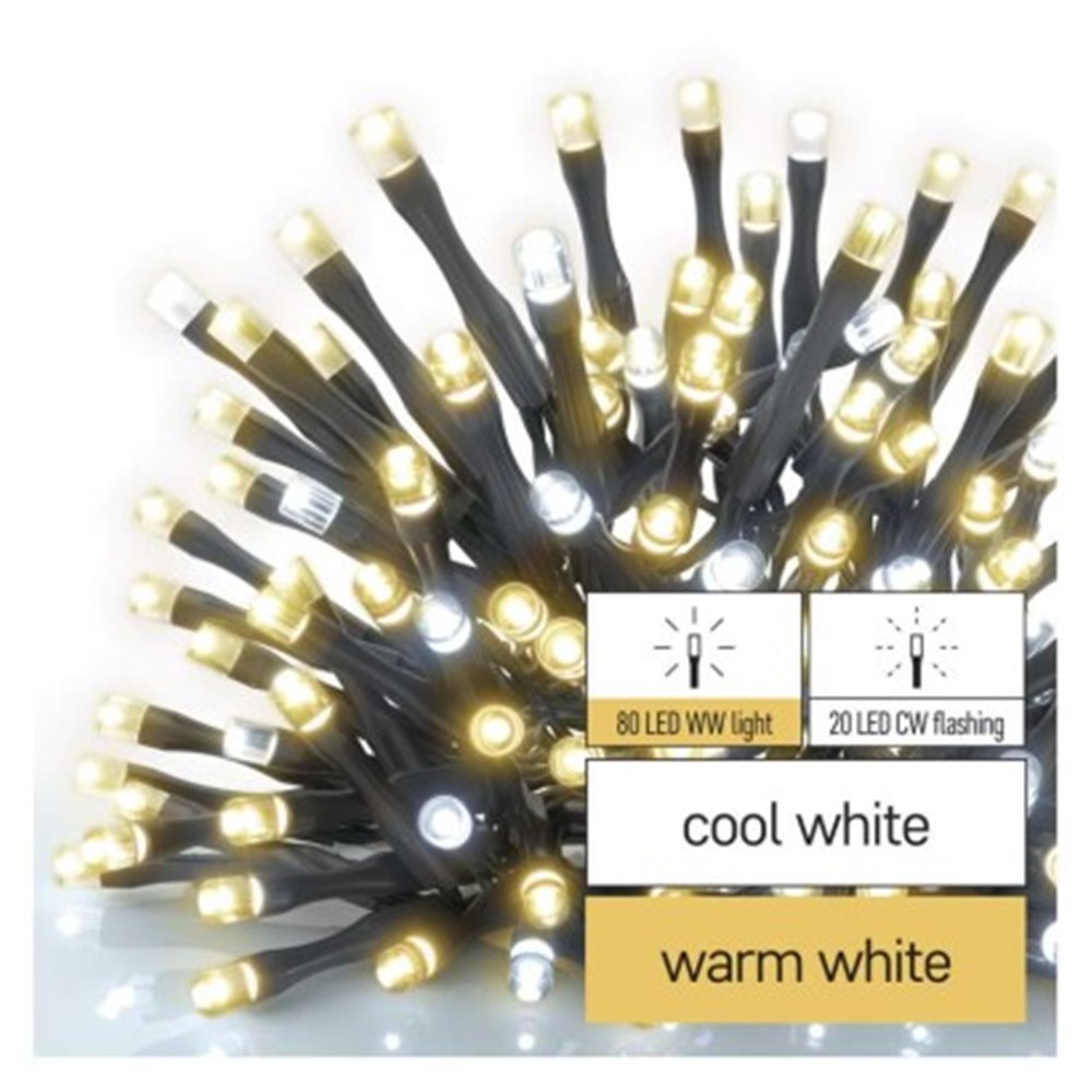 Oświetlenie łączone Standard - łańcuch 100 LED 10m ciepła + zimna biel, miga, IP44, timer