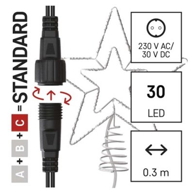 Oświetlenie łączone Standard - gwiazda na szpic 30 LED 28 cm, zimna biel, IP44