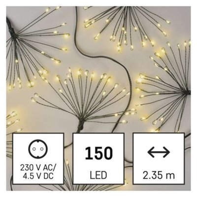 Dekoracje - 150 LED 2,35 m nano łezki frędzle ciepła biel, zielony przewód, IP20, timer