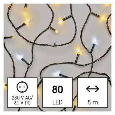 Lampki choinkowe Classic 80 LED 8m ciepła + zimna biel, zielony przewód, IP44, timer